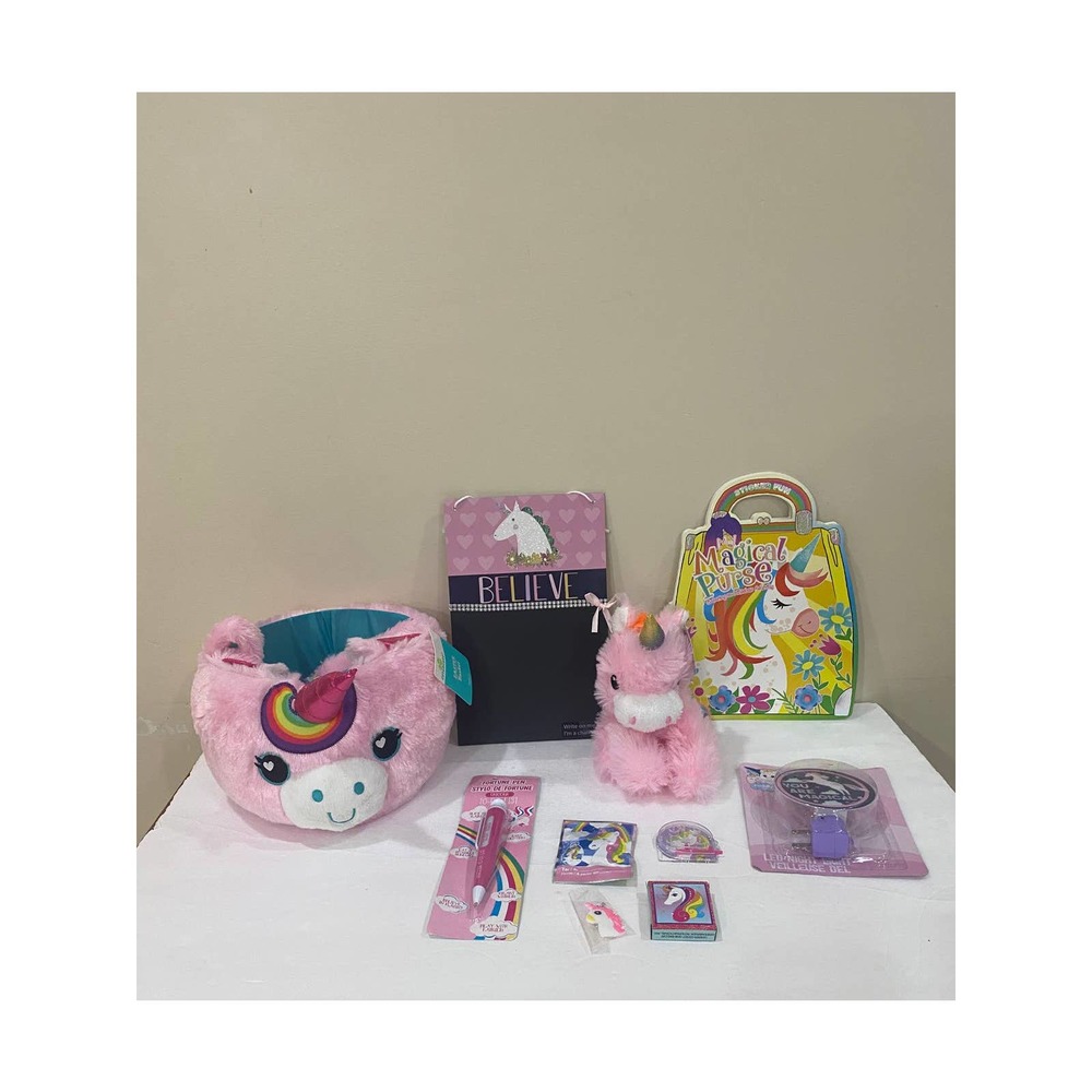 Plush Unicorn Gift Basket Set Stuffed Animal Night Light Chalk Board Game Toys